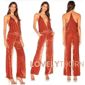 YFB // flattering pinky-peach velvet surplice plunge wide leg jumpsuit